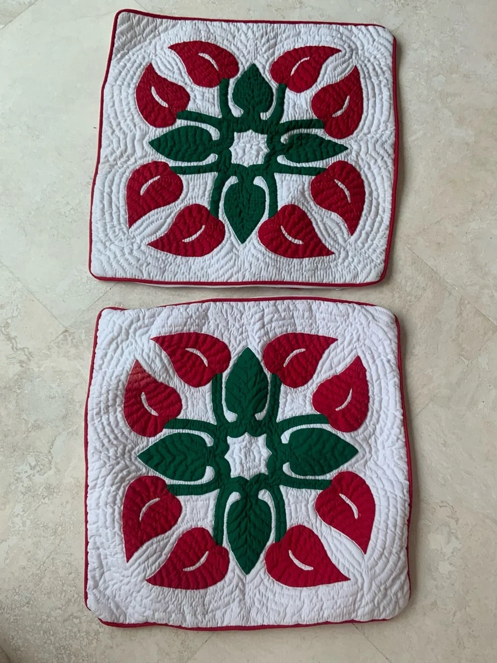 Quilted Appliqué Hawaiian Floral Accent Pillow Covers 2 ea- NWOT